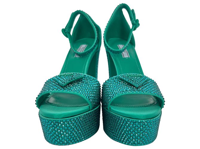 Prada Crystal Embellished Ankle Strap Platform Heels in Green Satin - view 2