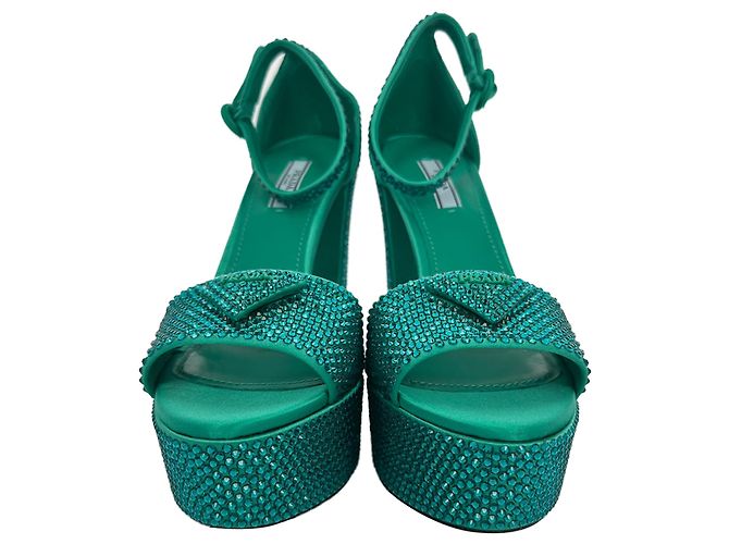 Prada Crystal Embellished Ankle Strap Platform Heels in Green Satin - view 3