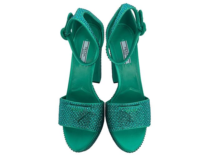 Prada Crystal Embellished Ankle Strap Platform Heels in Green Satin - view 4
