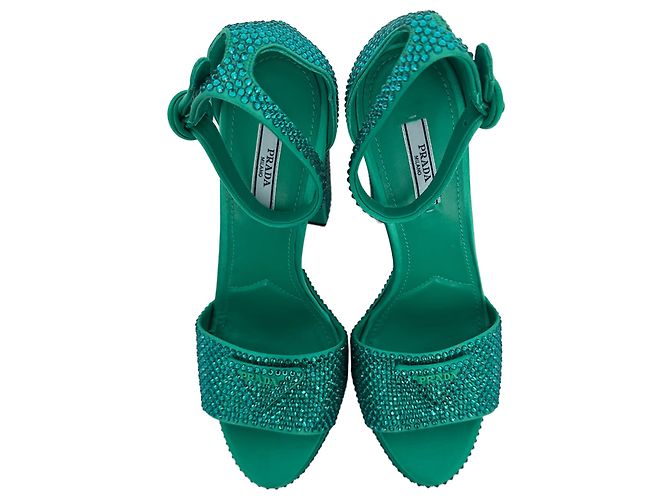 Prada Crystal Embellished Ankle Strap Platform Heels in Green Satin - view 5