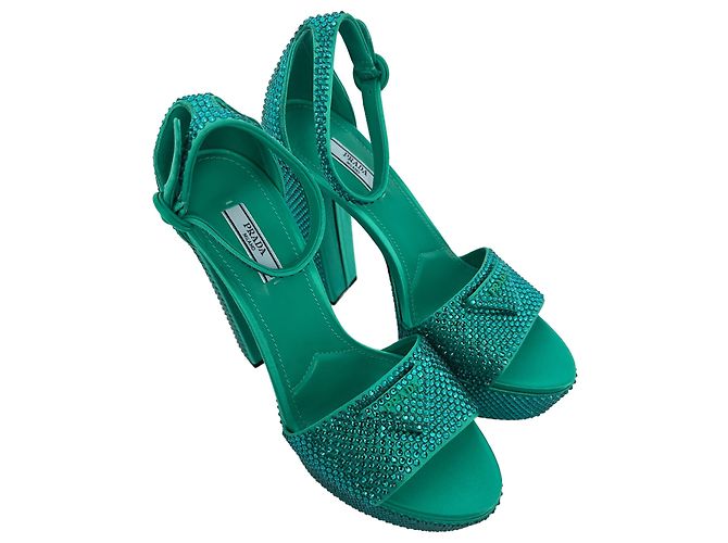 Prada Crystal Embellished Ankle Strap Platform Heels in Green Satin - view 6