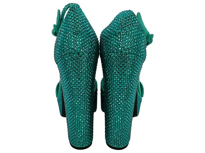 Prada Crystal Embellished Ankle Strap Platform Heels in Green Satin - view 7