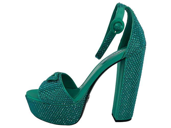 Prada Crystal Embellished Ankle Strap Platform Heels in Green Satin - view 8