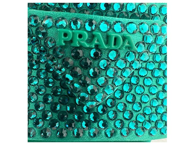 Prada Crystal Embellished Ankle Strap Platform Heels in Green Satin - view 9