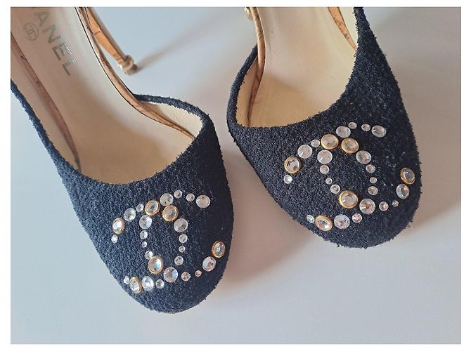 Décolleté Chanel Tweed Nero Strass CC - vista 2