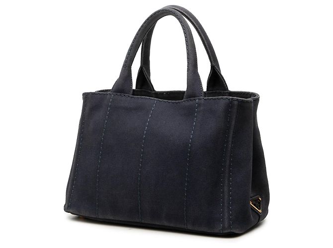 Borsa Tote Satchel Prada Small Canvas Canapa Logo Blu - vista 2