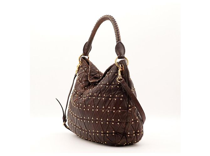 Miu Miu Borsa Hobo in pelle marrone borchiata - vista 2