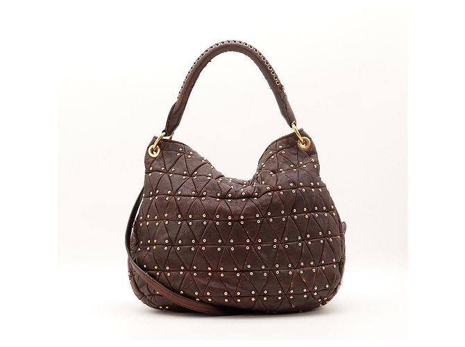 Miu Miu Borsa Hobo in pelle marrone borchiata - vista 3