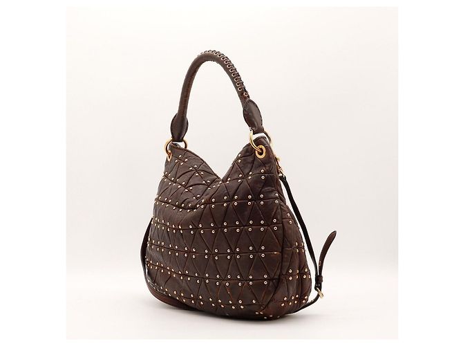 Miu Miu Borsa Hobo in pelle marrone borchiata - vista 4