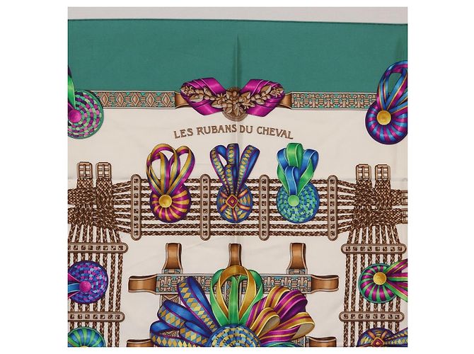 Hermès HERMES Carre 90 Scarf  LES RUBANS DU CHEVALL  Silk Green - vista 3