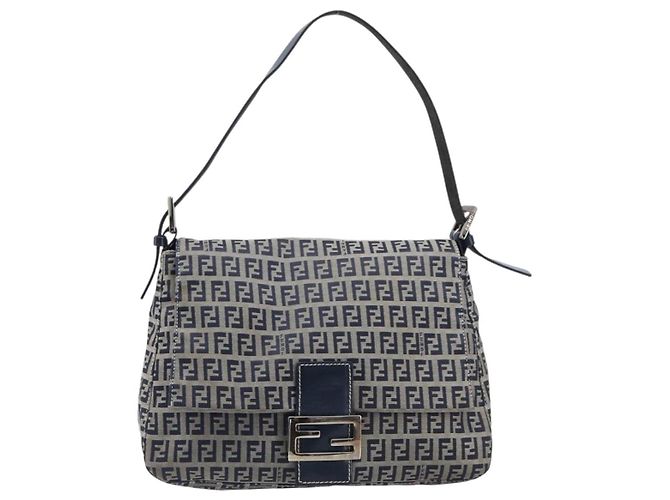 FENDI Zucchino Canvas Mamma Baguette Shoulder Bag Navy Silver 26325 - vista 13