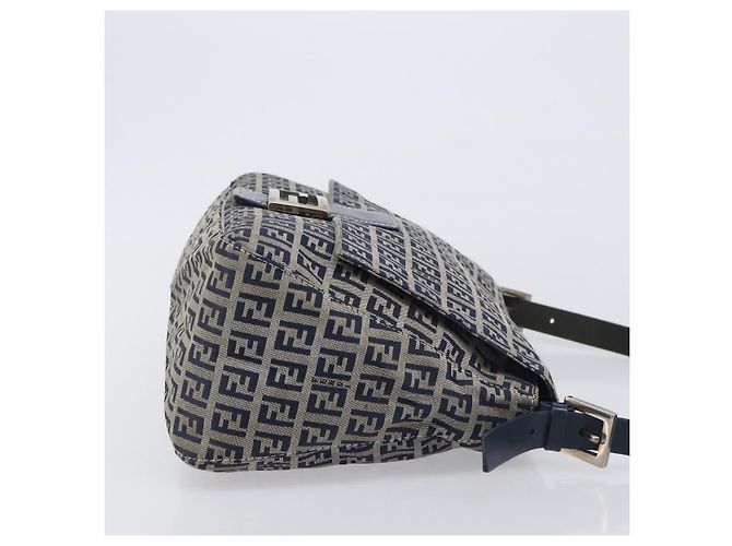FENDI Zucchino Canvas Mamma Baguette Shoulder Bag Navy Silver 26325 - vista 3