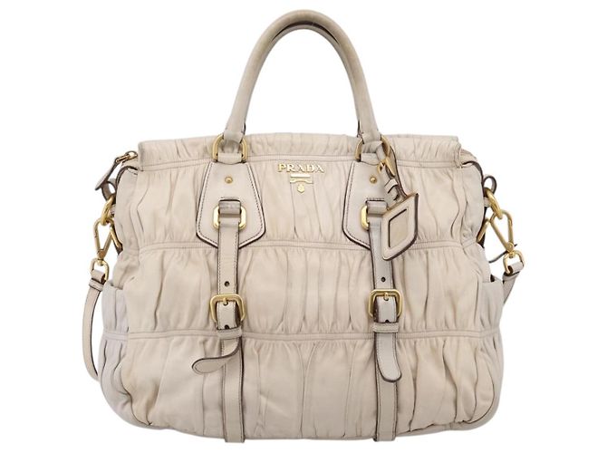 PRADA Gathered Hand Bag Leather 2way Beige Gold - vista 13