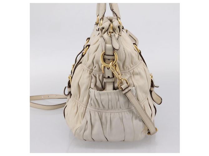 PRADA Gathered Hand Bag Leather 2way Beige Gold - vista 3