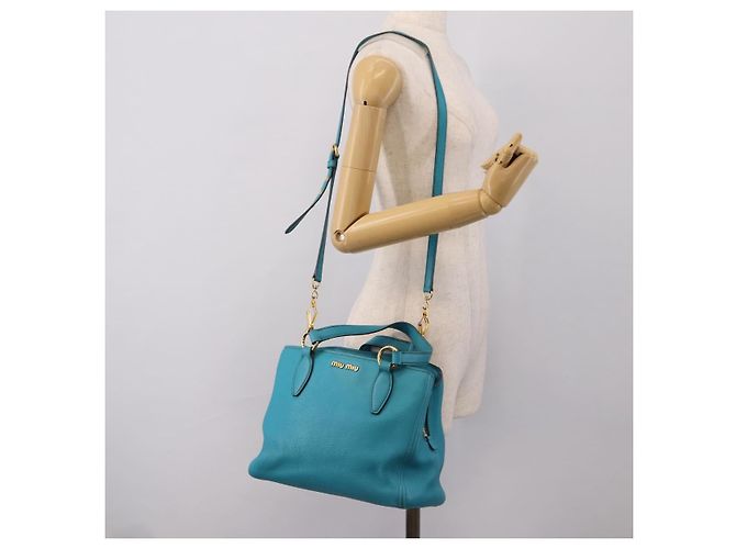 Miu Miu Hand Bag Leather 2way Turquoise Blue Gold Tone - vista 31