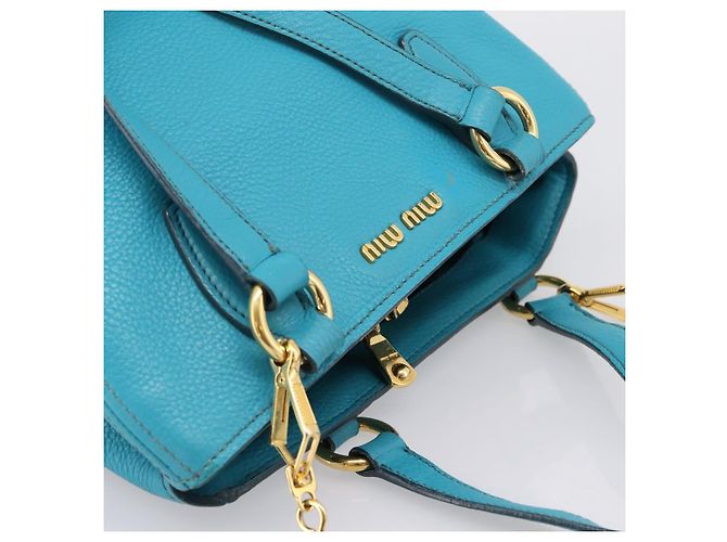 Miu Miu Hand Bag Leather 2way Turquoise Blue Gold Tone - vista 6