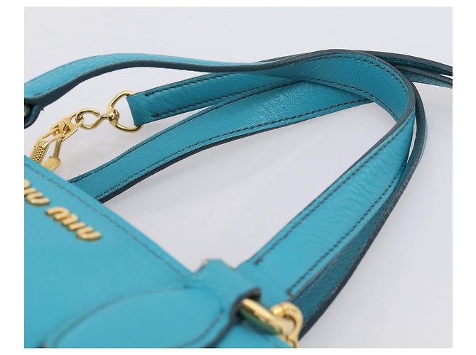 Miu Miu Hand Bag Leather 2way Turquoise Blue Gold Tone - vista 8