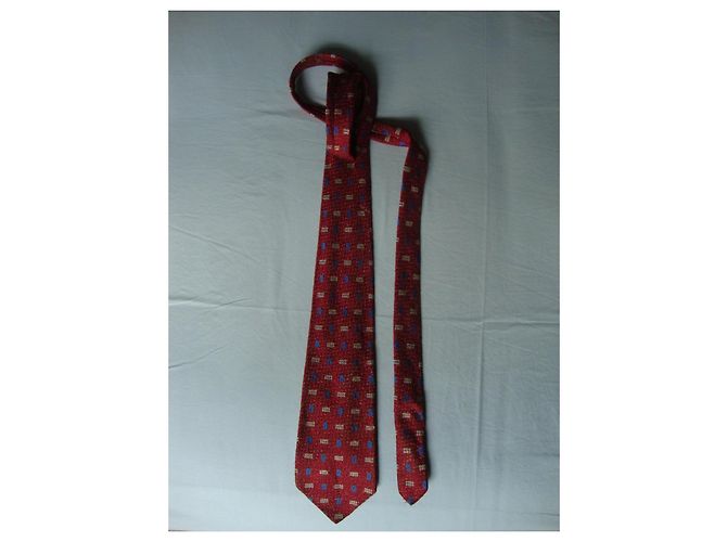 Autre Marque Jacomo Red Silk Tie with Blue Square Pattern - view 4