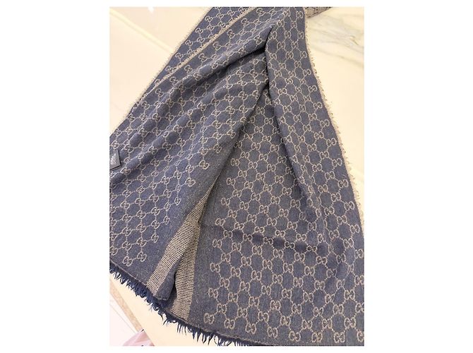 Sciarpa Gucci GG Monogram in Lana e Seta - Blu Navy - vista 6