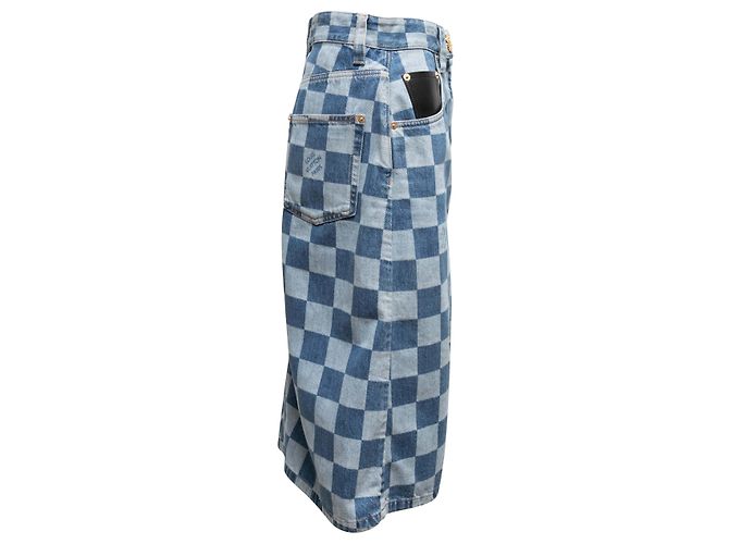 Falda midi de denim damero Louis Vuitton Dark & Light Wash Talla FR 38 - vista 2