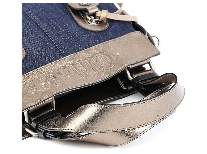 Chloé Borsa Tote in Denim Navy e Pelle Argentata con Logo - vista 11