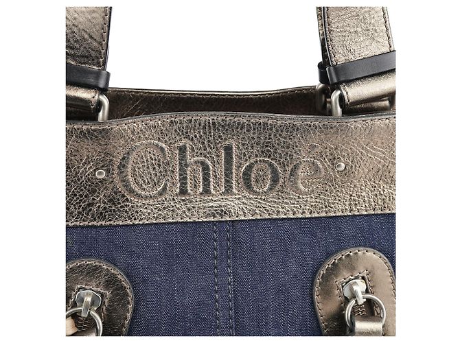 Chloé Borsa Tote in Denim Navy e Pelle Argentata con Logo - vista 6