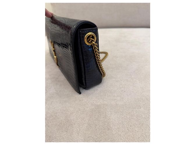 Saint Laurent Pochette Kate Monogramme Pelle Nera effetto Croco - vista 12