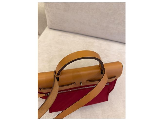 Hermès Herbag 31 Borsa in Canvas Rosso e Pelle Naturale - vista 10