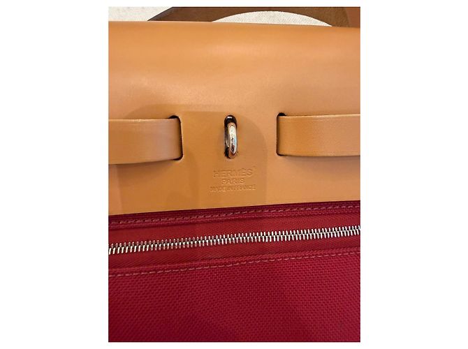 Hermès Herbag 31 Borsa in Canvas Rosso e Pelle Naturale - vista 11