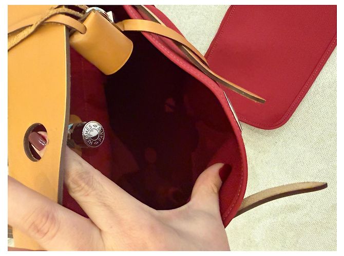 Hermès Herbag 31 Borsa in Canvas Rosso e Pelle Naturale - vista 13