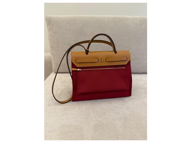 Hermès Herbag 31 Borsa in Canvas Rosso e Pelle Naturale - vista 2