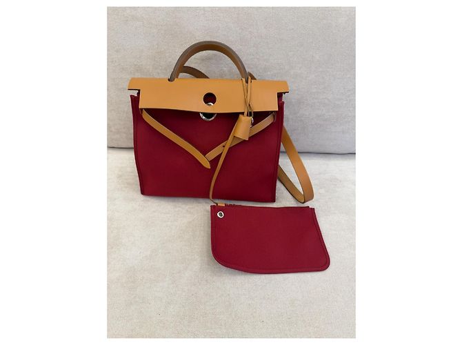 Hermès Herbag 31 Borsa in Canvas Rosso e Pelle Naturale - vista 3