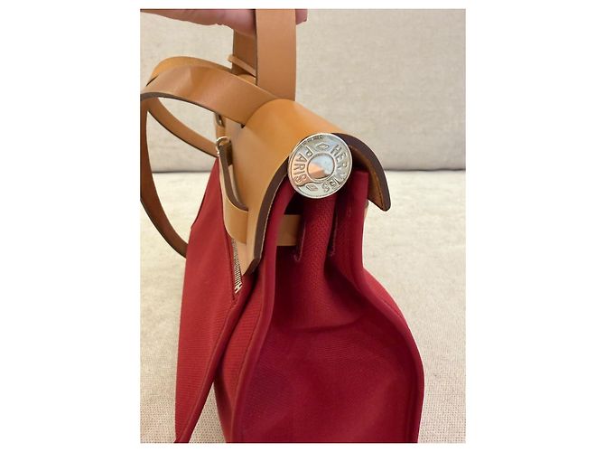 Hermès Herbag 31 Borsa in Canvas Rosso e Pelle Naturale - vista 6
