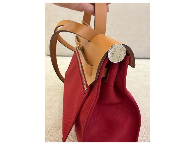 Hermès Herbag 31 Borsa in Canvas Rosso e Pelle Naturale - vista 7