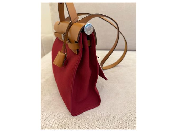 Hermès Herbag 31 Borsa in Canvas Rosso e Pelle Naturale - vista 8