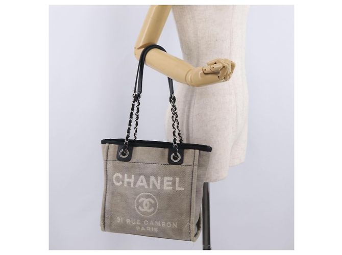 CHANEL Chain Deauville Tote Bag Canvas Gray Silver CC - vista 25