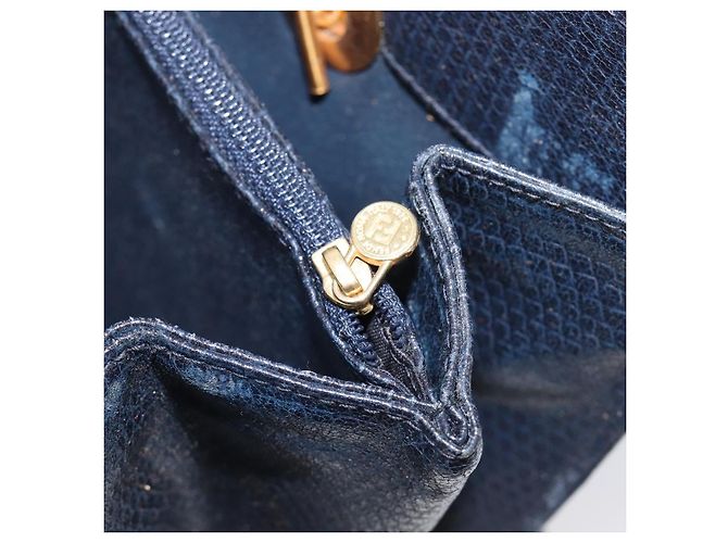 FENDI Bolsa de mão em couro azul marinho e dourado - vista 25