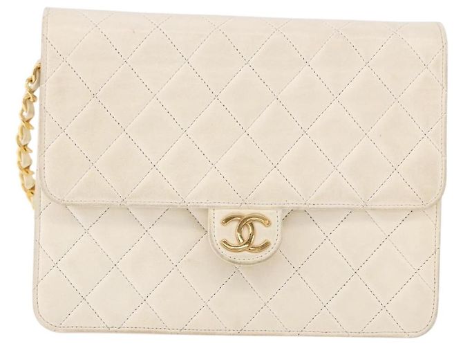 CHANEL Matelasse Chain Shoulder Bag Lamb Skin White Gold CC - vista 13