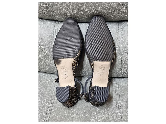 Décolleté slingback Chanel tweed nero e oro pelle - Ansicht 11