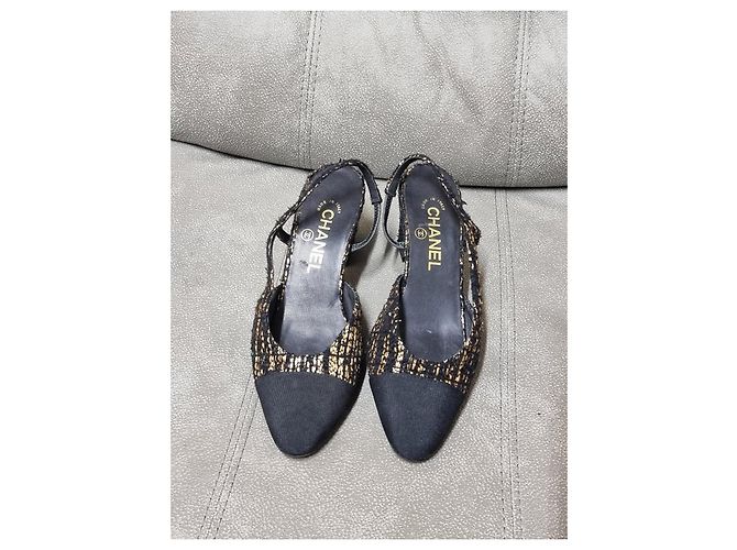 Décolleté slingback Chanel tweed nero e oro pelle - Ansicht 2