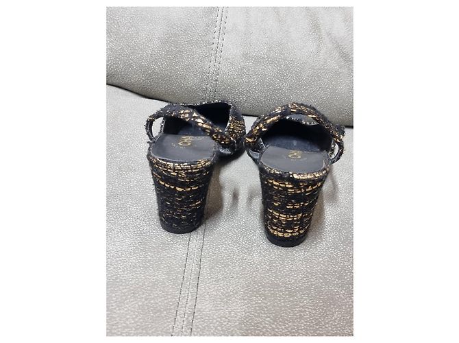 Décolleté slingback Chanel tweed nero e oro pelle - Ansicht 3