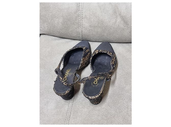 Décolleté slingback Chanel tweed nero e oro pelle - Ansicht 4