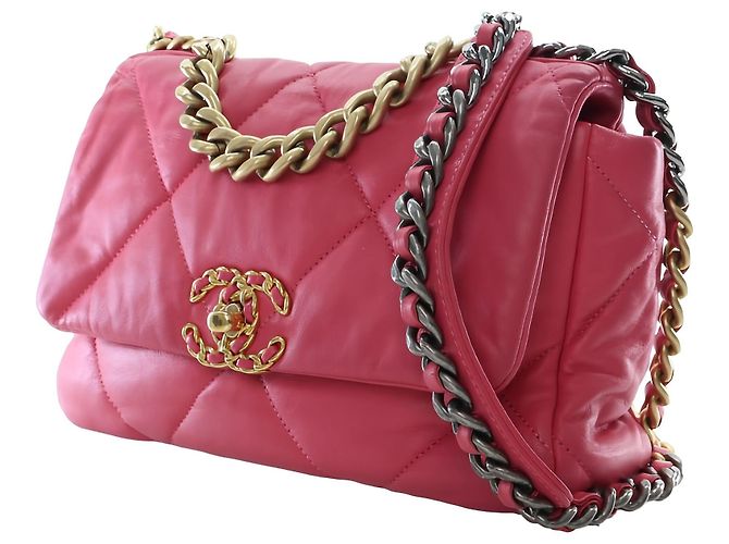 Chanel 19 Flap Medium in pelle d'agnello rosa - vista 12