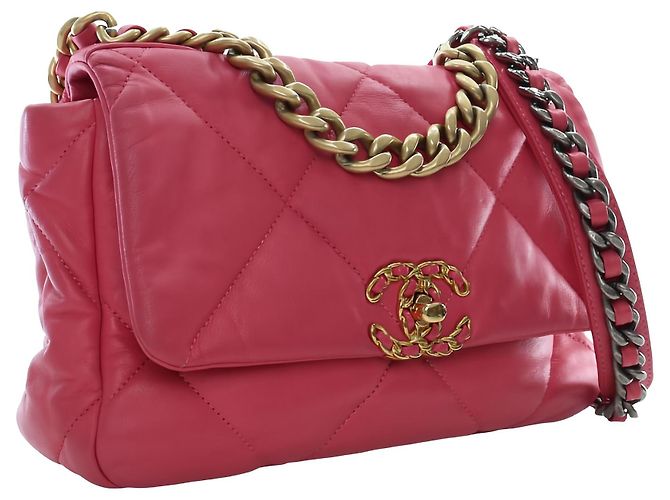Chanel 19 Flap Medium in pelle d'agnello rosa - vista 13
