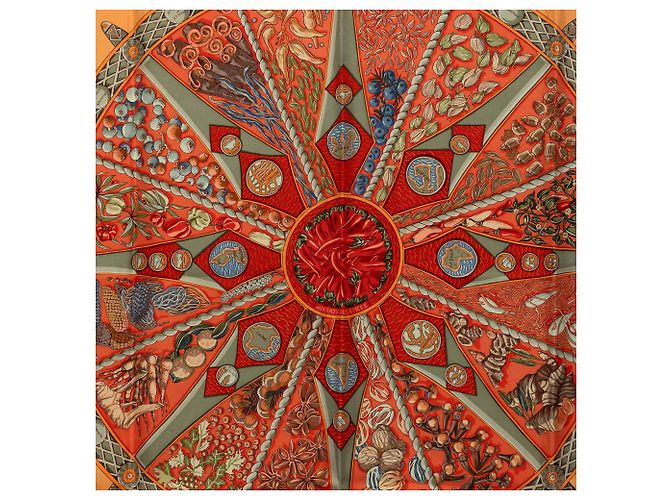 Foulard di Seta Hermès Orange Aux Pays Des Epices 90 - vista 2