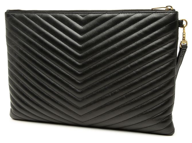 Autre Marque Portadocumenti Saint Laurent in pelle chevron nera con monogramma - vista 2