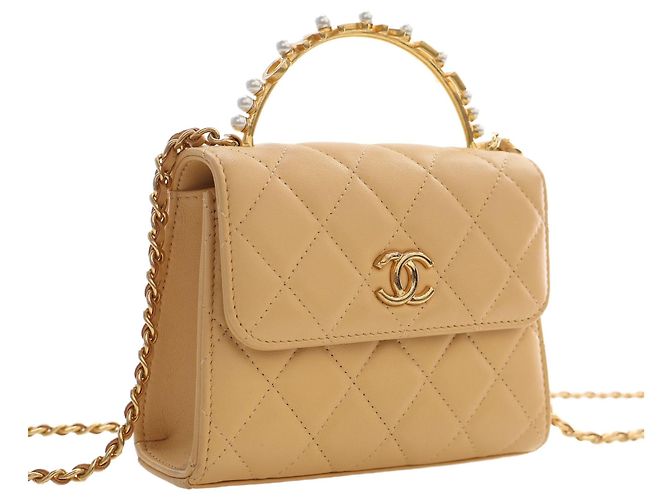 Chanel Beige CC Quilted Lambskin Faux Pearl Top Handle Flap - vista 13