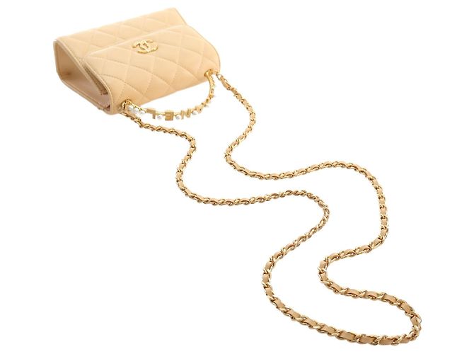 Chanel Beige CC Quilted Lambskin Faux Pearl Top Handle Flap - vista 6