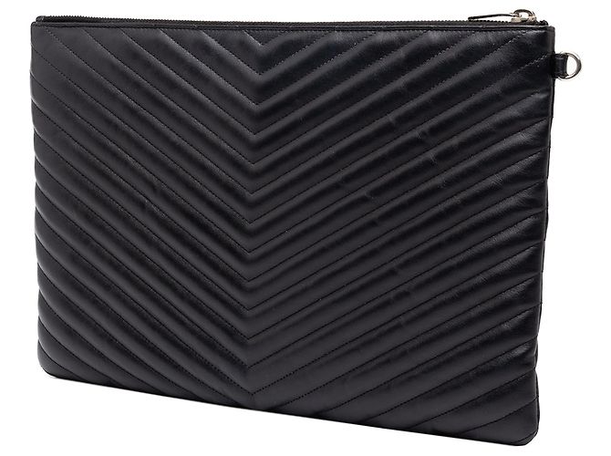 Autre Marque Portadocumenti Saint Laurent in pelle chevron nera con monogramma - vista 2