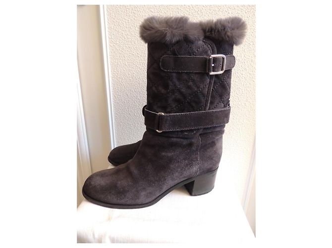 Chanel Mittelschaftstiefel Wildleder Pelz Anthrazit Größe 40 - Ansicht 5